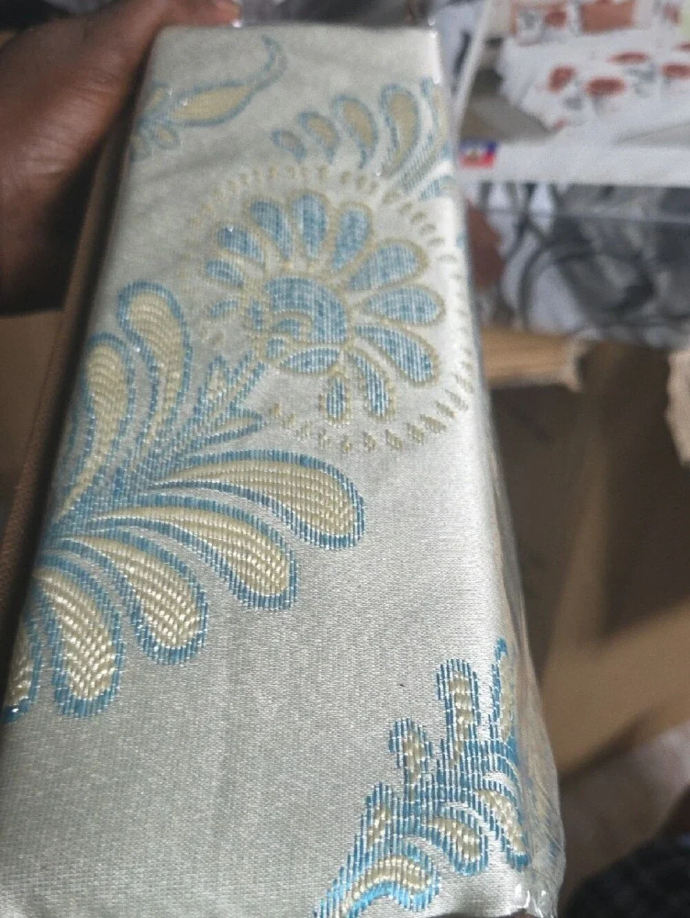 Twin Blue and Cream Jacquard Curtain Panel Set with Valance